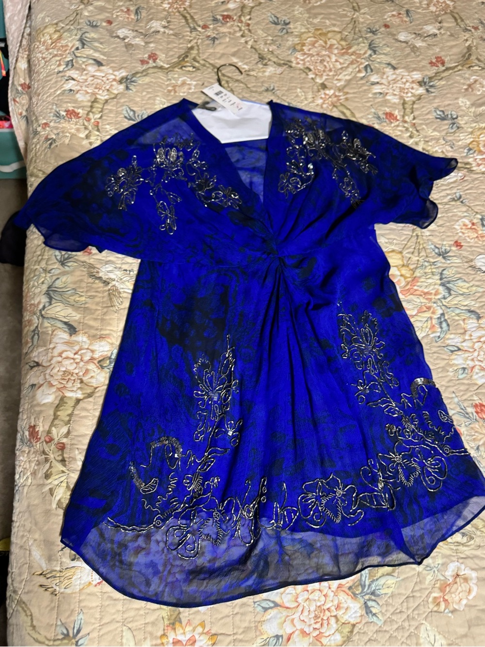 Cache Royal Blue Embellished V-Neck Blouse
